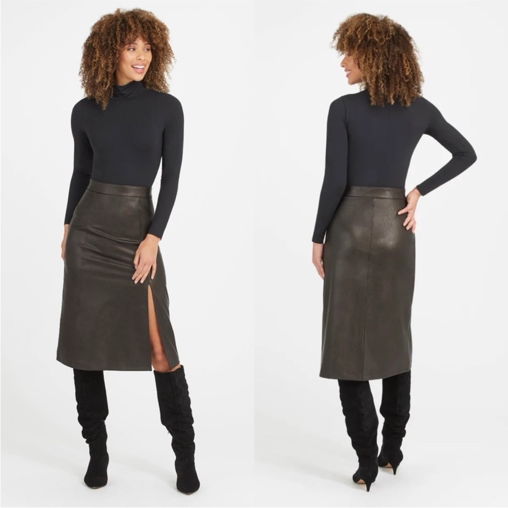 SPANX Faux Leather Pull-On Black Midi Slit 20321R Skirt NWT
